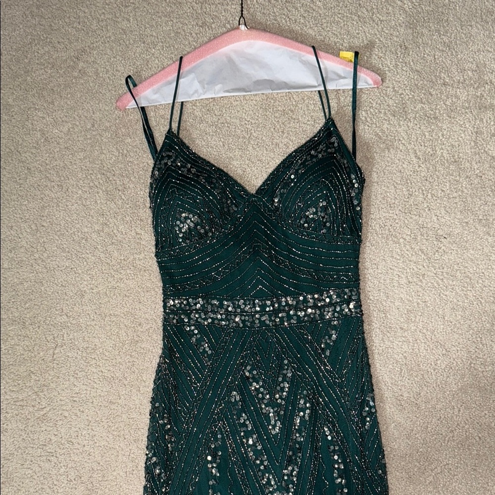David's Bridal Green Sequin Embellished Prom Gown